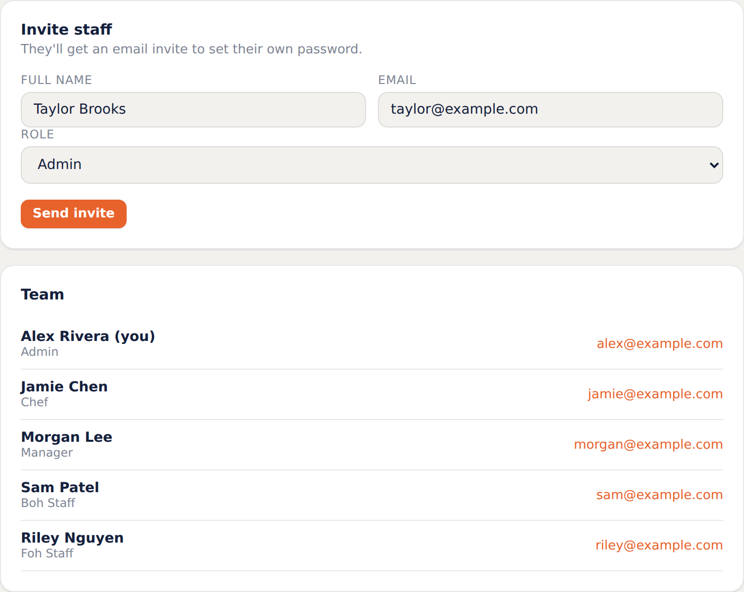 Staff tab showing an invite form and team list